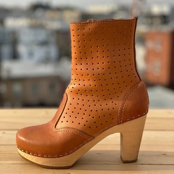 Swedish Hasbeens Women's Perforated Zipper Leather Tan Brown Boot Size 36 / US 6 - Picture 4 of 11